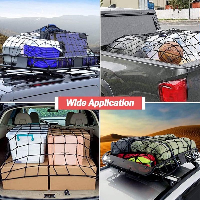 ZOZOE شبكة شحن طبيعية من اللاتكس للنقل على سقف السيارة SUV | 3'x4' تمتد إلى 6'x8' شبكة بونجي صغيرة لسرير البيك أب | 12 كارابينر + 12 خطاف | شبكة ضيقة 4”x4” لفورد، دودج، شيفي، تويوتا - Image 3
